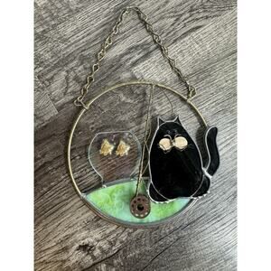Primitive Black Cat Sun Catcher Stained Glass Window Fish Bowl Handmade 6 INCH